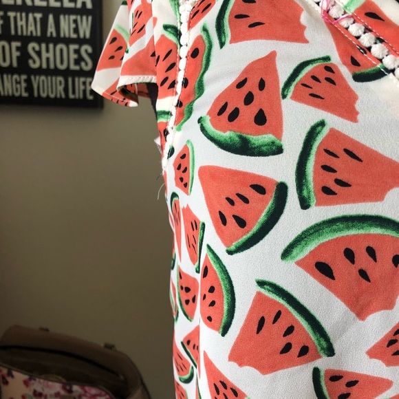 Anthropologie Watermelon Print Short Sleeve V-Neck Top - Coral, White, Green - Picture 3 of 5